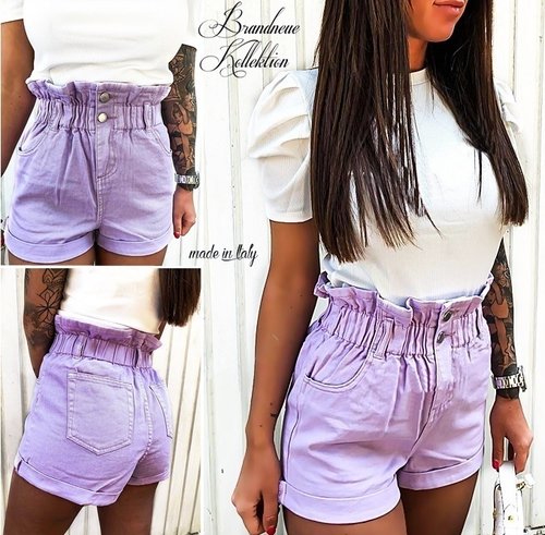 Gr. 36 38 40 Jeans Shorts mit Paperbag-Taille gerafft Denim Sommer Hell-Lila Violett Italy (S M L)