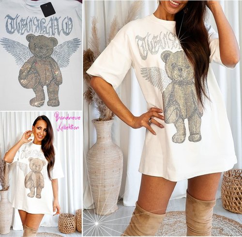 NEU 38 40 42 M-XL PREMIUM Long Shirt Strass Teddy Schrift Teddybär Kleid Creme-Weiß TOP Qualität
