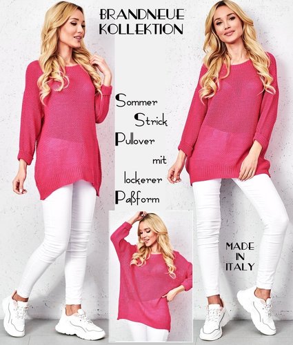 Sommer Strick Pullover luftiger Ajourstrick 7/8 Arme Strickshirt Sommerstrick Pink Italy