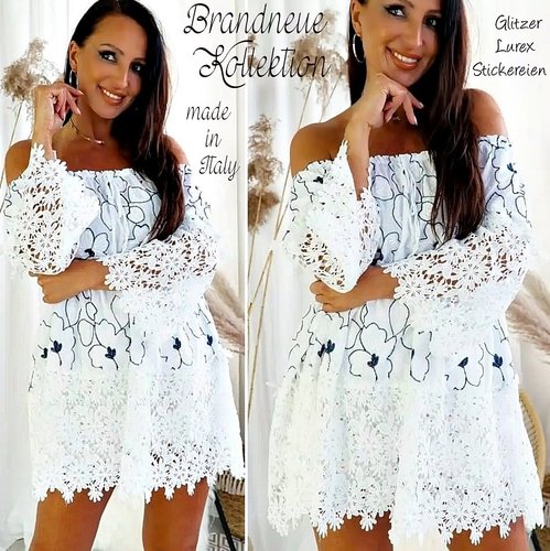 Tunika mit Blumen-Häkel Spitze und Glitzer Stickerei Strand-Kleid Ecru Weiß Italy