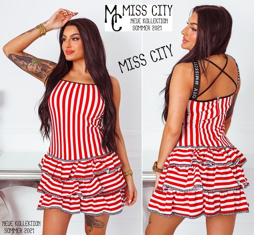 gestreiftes Sommer Kleid MC Miss City Streifen Volants Träger Rot Weiß