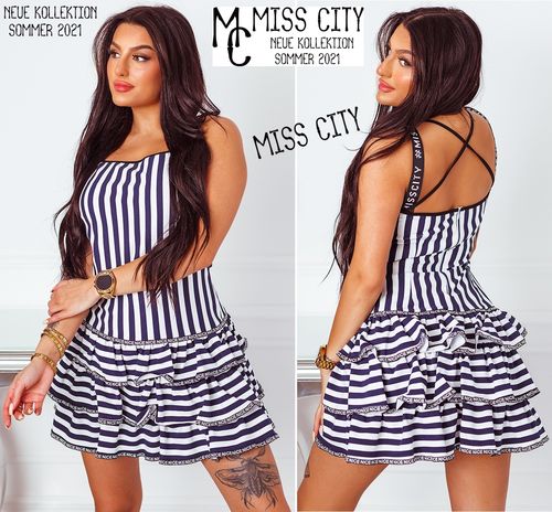 PREMIUM Kleid MC Miss City Streifen Volants Träger Sommer Blau - Weiß