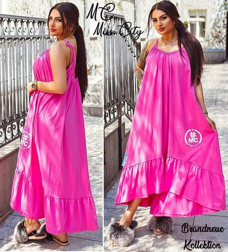 Langes MISS CITY Oversize Kleid Maxikleid mit Volant & Logo Prints Übergröße Bigsize Pink