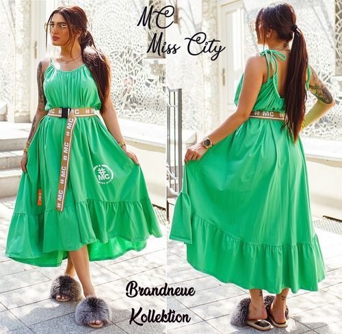 Langes MISS CITY Oversize Kleid Maxikleid mit Volant & Logo Prints Übergröße Bigsize Grün