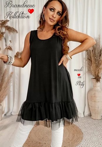 Long Shirt Top mit Volant Tüll Hängerchen Kleid Schwarz Bluse zum kombinieren Italy