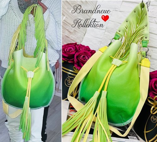 Beuteltasche Handtasche Schultertasche Farbverlauf Ombre Fransen Grün Gelb